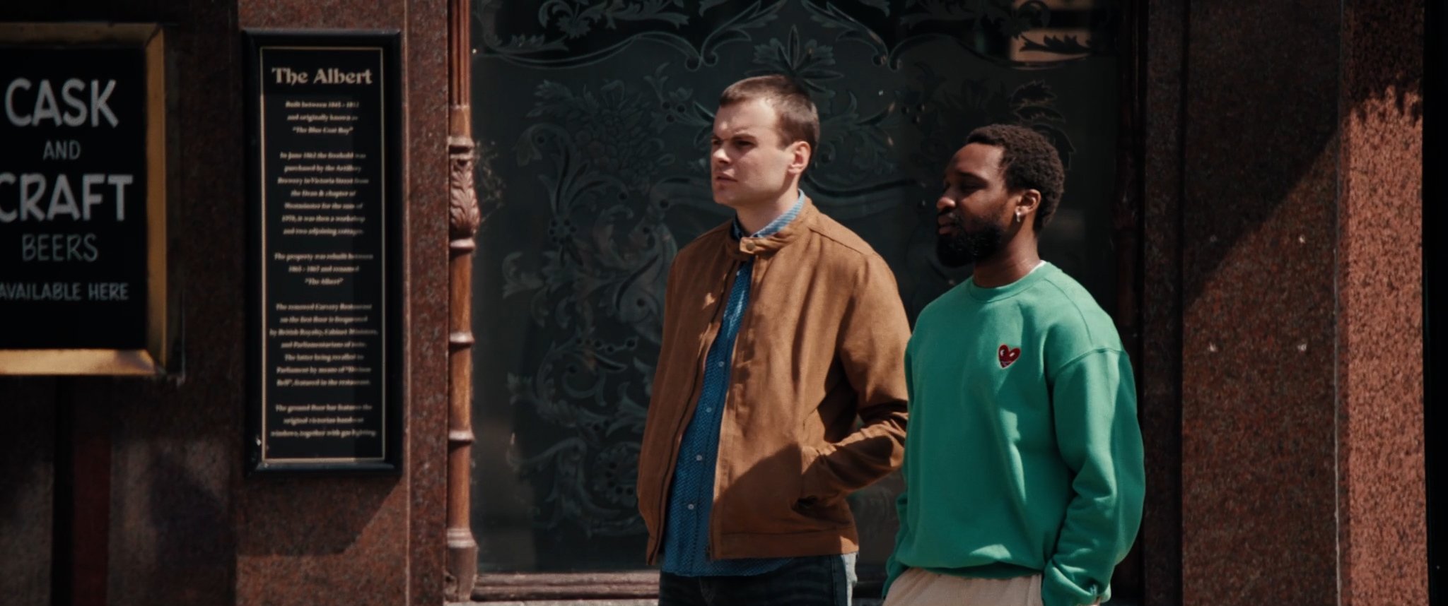 Two men outside a London pub — still from Just Men
